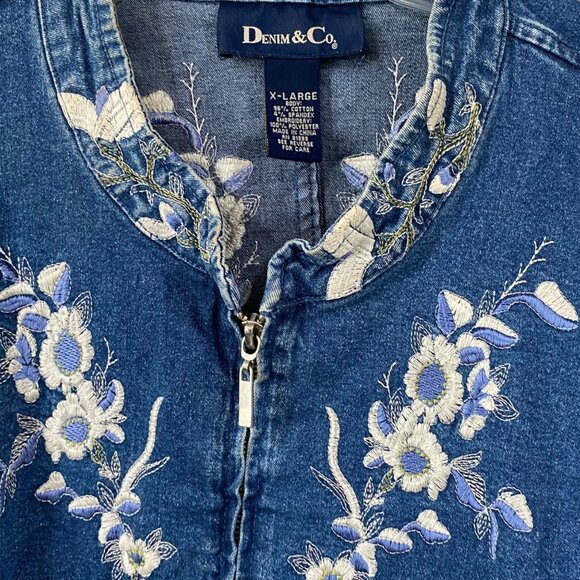 Denim & Co. Embroidered Floral Zip-Up Blue Jean Long sleeve Jacket X-Large - Picture 2 of 10